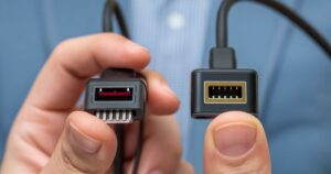 Comparison image showing dp to hdmi vs hdmi to dp adapters and cable connections for monitors and PCs.