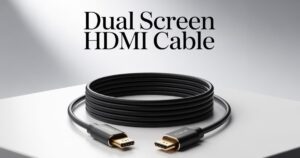 “High-quality dual screen HDMI cable used to connect two monitors for extended or mirrored display.”