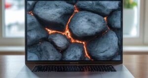 Close-up image showing MacBook Pro screen burn marks with visible dark patches and uneven brightness on the display.