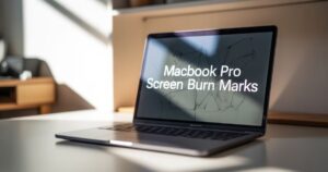 Close-up image showing MacBook Pro screen burn marks with visible dark patches and uneven brightness on the display.