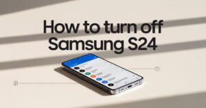 Close-up of a Samsung Galaxy S24 showing the screen and side buttons, demonstrating how to turn off Samsung S24 using the power menu.