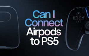 Alt text: A gamer pairing Apple AirPods to a PS5 using a Bluetooth adapter, smart TV, and PS Remote Play app for wireless audio.