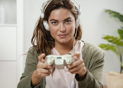Alt text: A gamer pairing Apple AirPods to a PS5 using a Bluetooth adapter, smart TV, and PS Remote Play app for wireless audio.